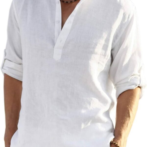 Men's Cotton Linen Henley T-Shirts Long Sleeve Hippie Casual Beach T-Shirts