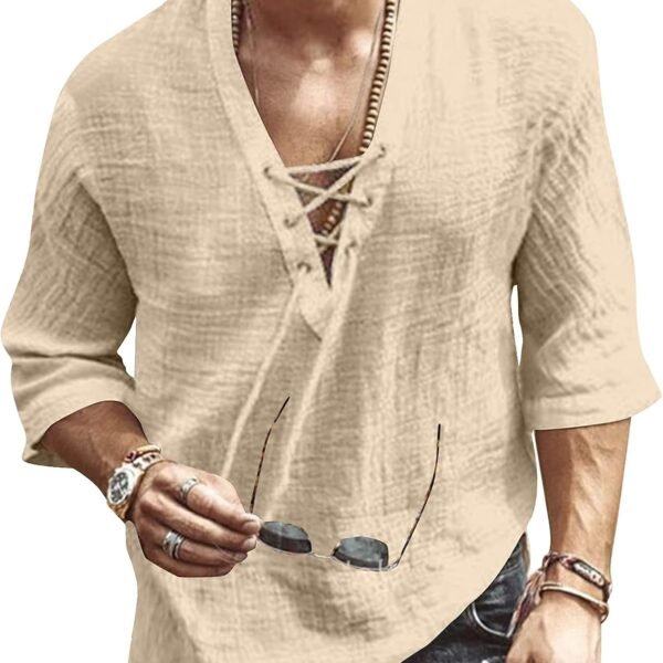 Men's Fashion Shirt Short Sleeve Beach V-Neck Drawstring Printing Yoga African Summer Top
