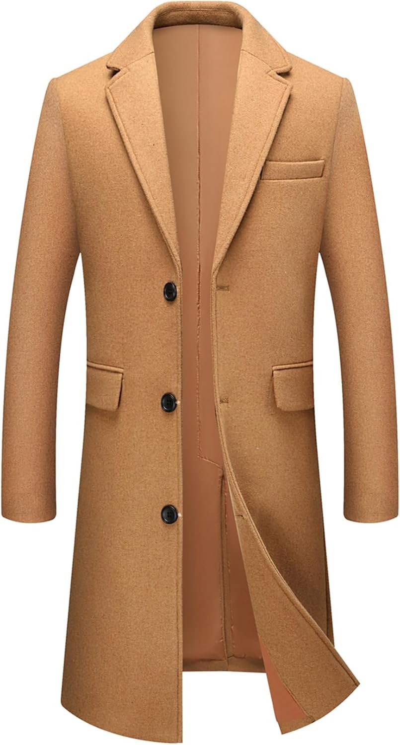 Men's Wool Blend Long Trench Coat Notched Collar Single Breasted Overcoat Warm Winter Pea Coat