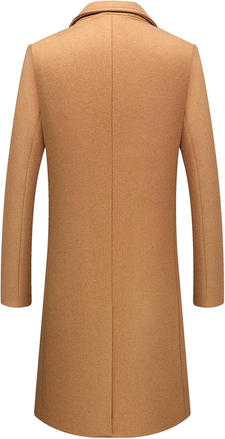 Men's Wool Blend Long Trench Coat Notched Collar Single Breasted Overcoat Warm Winter Pea Coat - Image 2