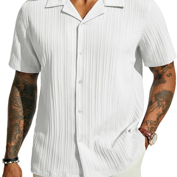 Men's Casual Button Down Shirts - Short Sleeve Summer Textured Beach Wrinkle-Free Shirts