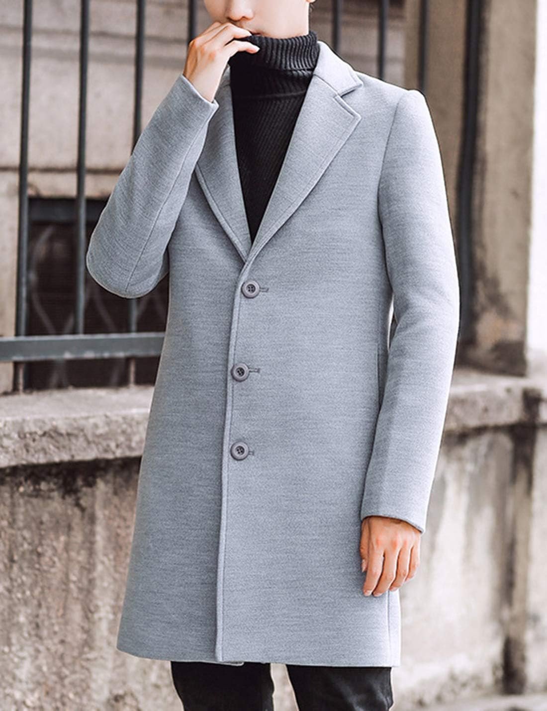 Men's Wool Blend Pea Coat Notched Collar Single Breasted Overcoat Warm Winter Trench Coat - Image 2
