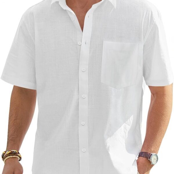 Men's Cotton Linen Short Sleeve Shirts Casual Lightweight Button Down Shirts Vacation Beach Summer Tops with Pocket
