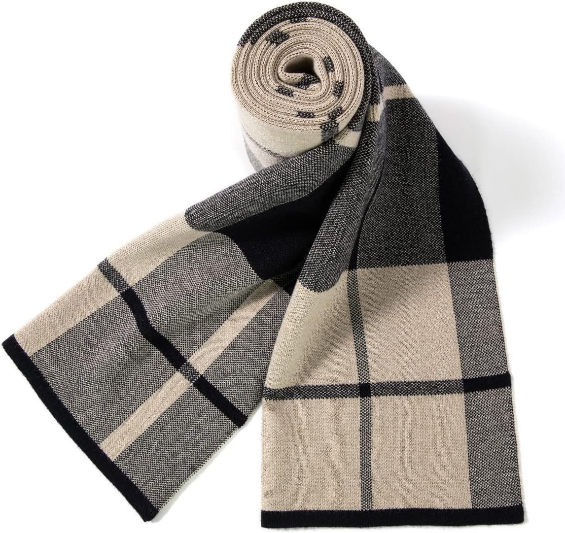 Australian Merino Wool Tartan Knitted Scarf for Men, Plaid Winter Warm Thick Soft Neckwear with Gift Box