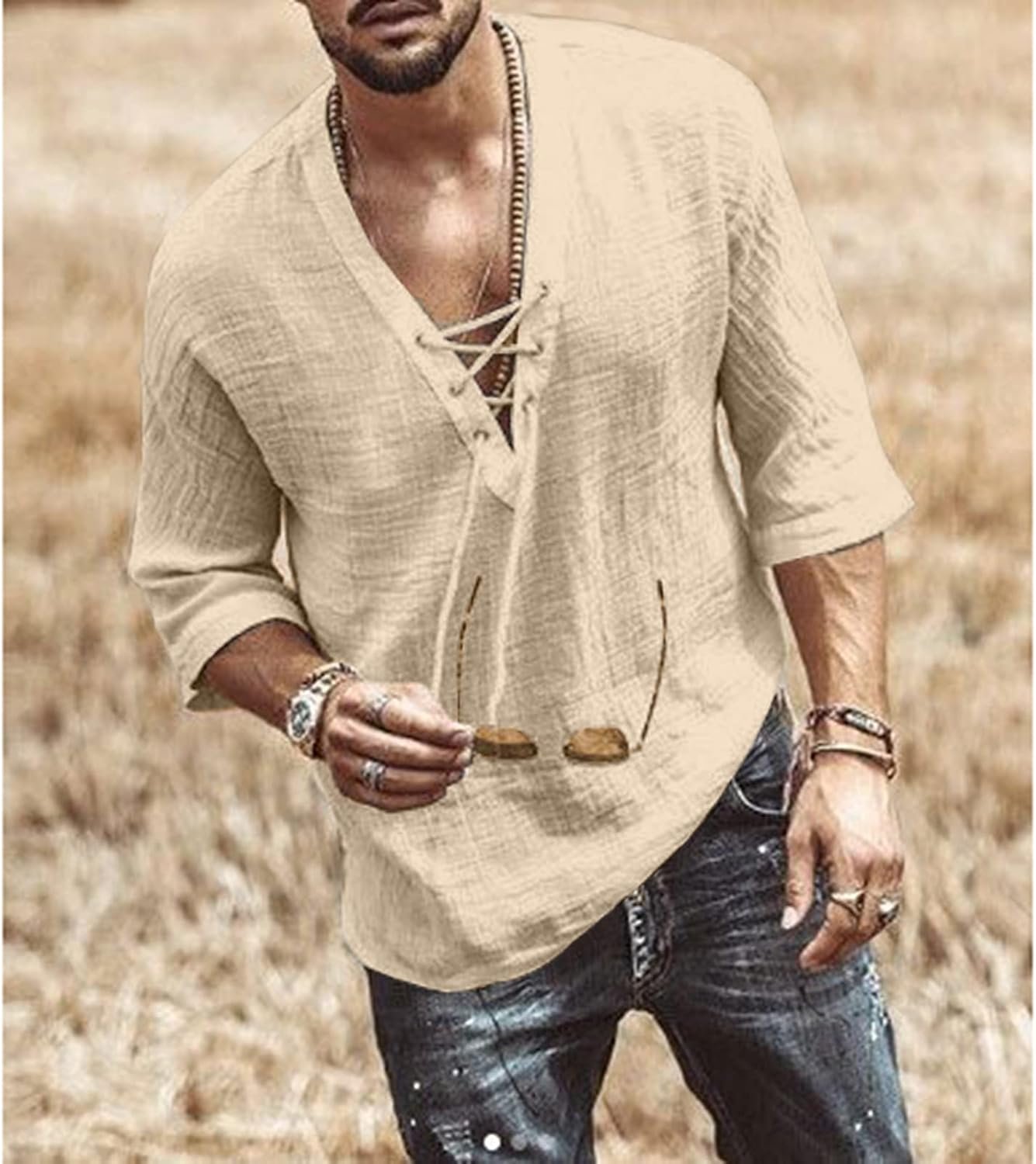 Men's Fashion Shirt Short Sleeve Beach V-Neck Drawstring Printing Yoga African Summer Top - Image 2