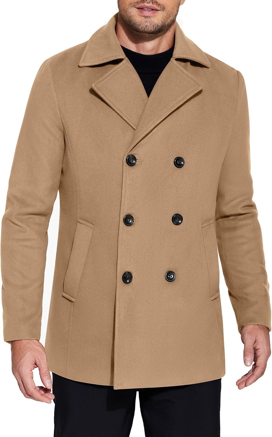Men's Double Breasted Pea Coat Winter Overcoat Short Trench Coat Notched Collar