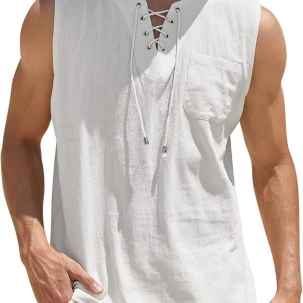 Men's Cotton Linen Tank Top Shirts Casual Sleeveless Lace Up Beach Hippie Tops Bohemian Renaissance Pirate Tunic