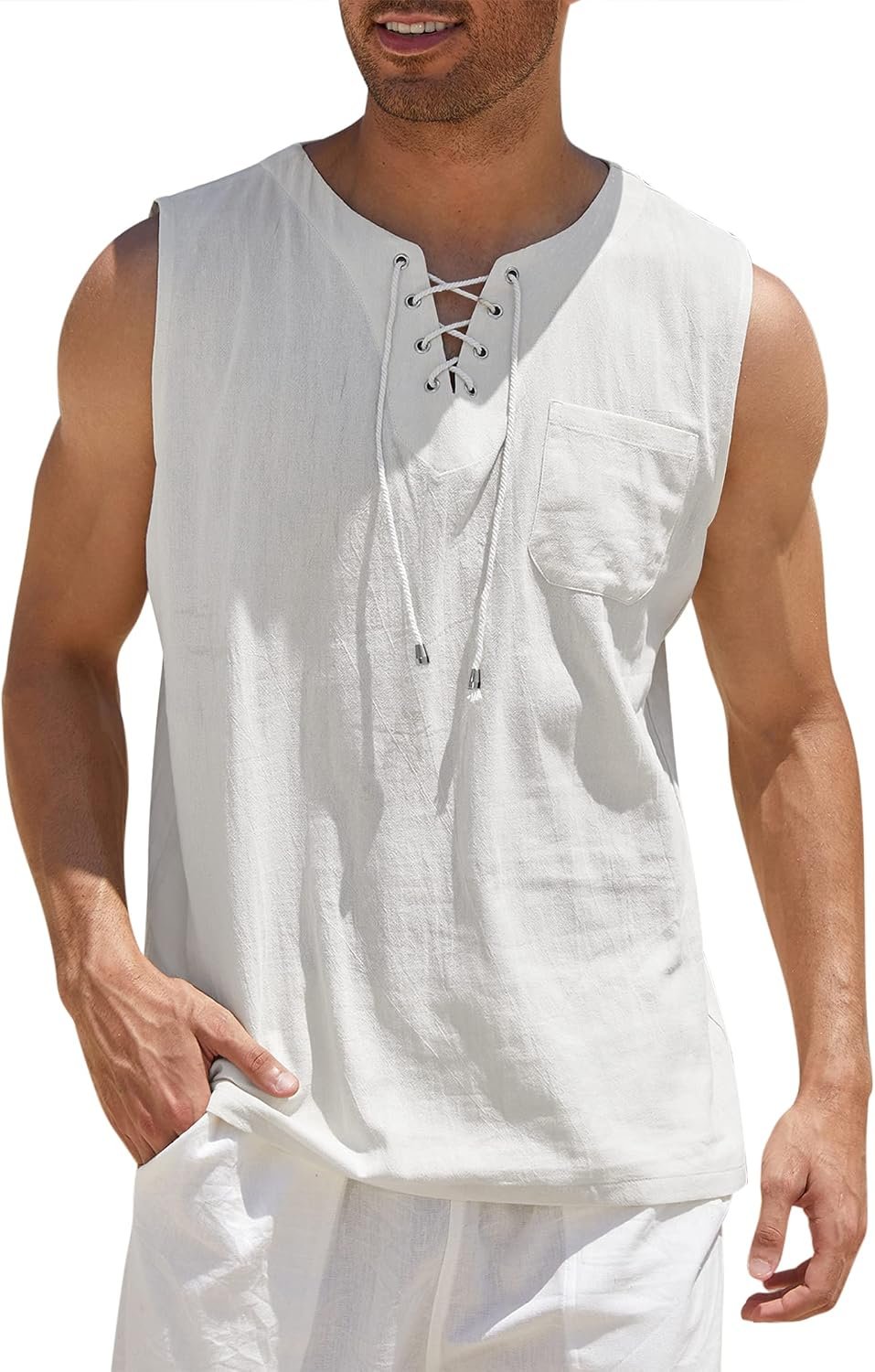 Men's Cotton Linen Tank Top Shirts Casual Sleeveless Lace Up Beach Hippie Tops Bohemian Renaissance Pirate Tunic