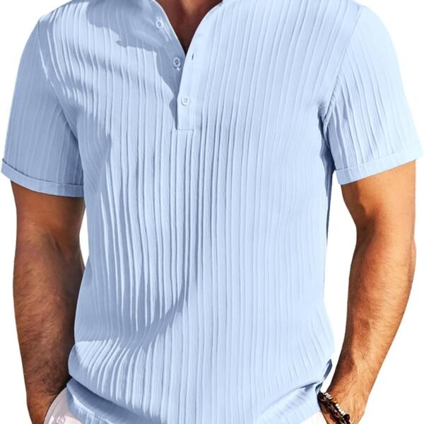 Men Casual Henley Tee Shirt Short Sleeve Band Collar Summer Beach Textured T-Shirt