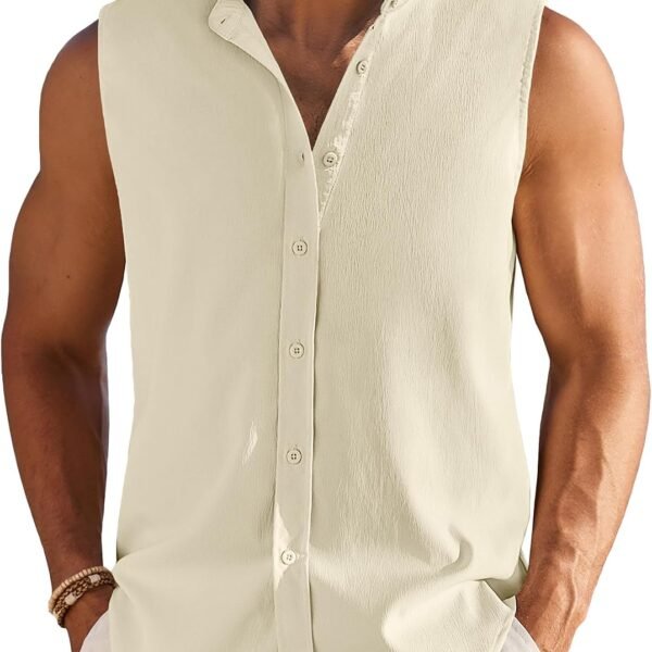 Men's Summer Beach Tank Tops Sleeveless Button Up Shirt Casual Textured Tank Shirts
