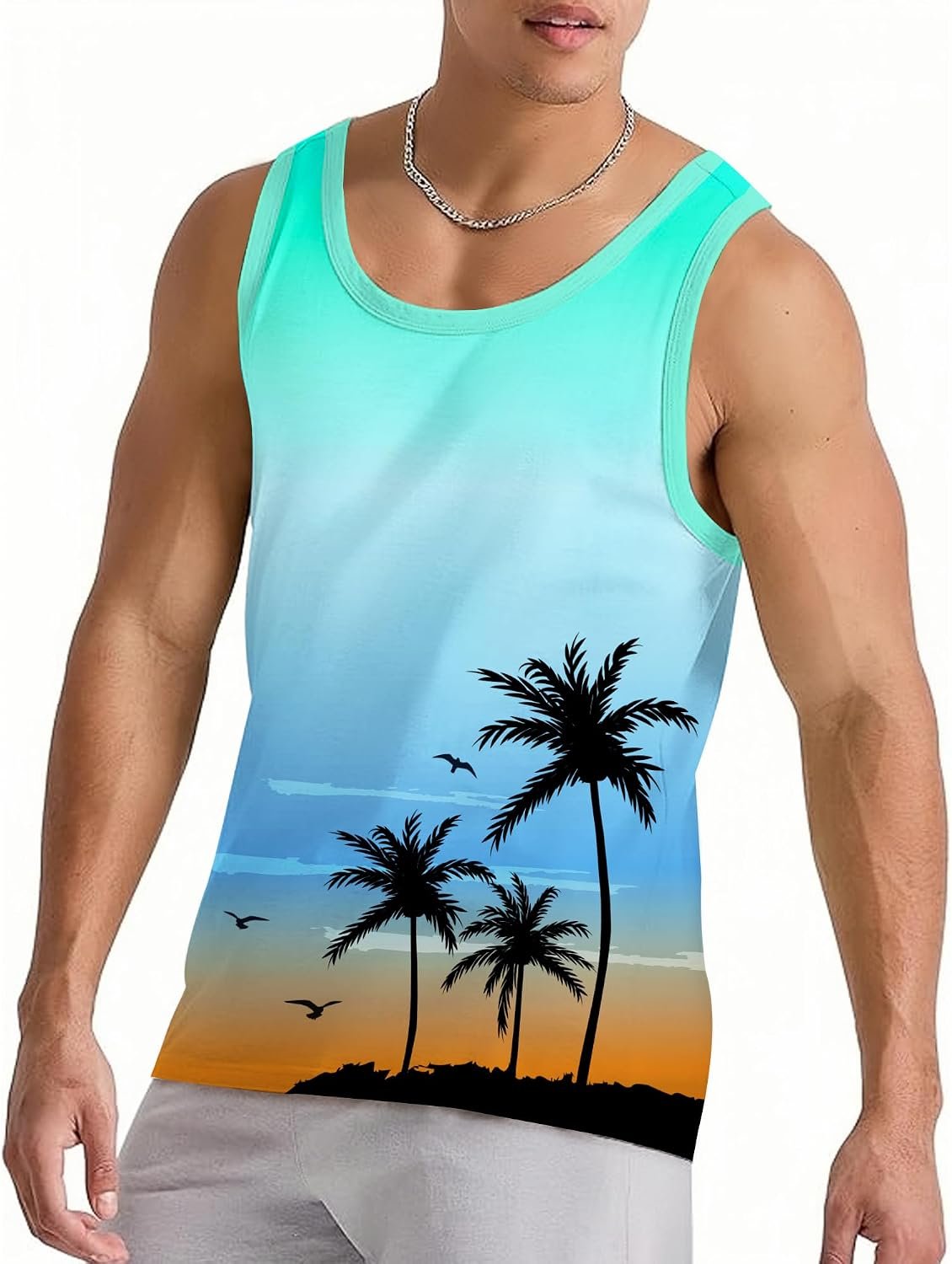 Mens Beach Tank Tops Summer Graphic Palm Tree Sleeveless Shirts for Men Vacation Gym Running Workout Tank Top