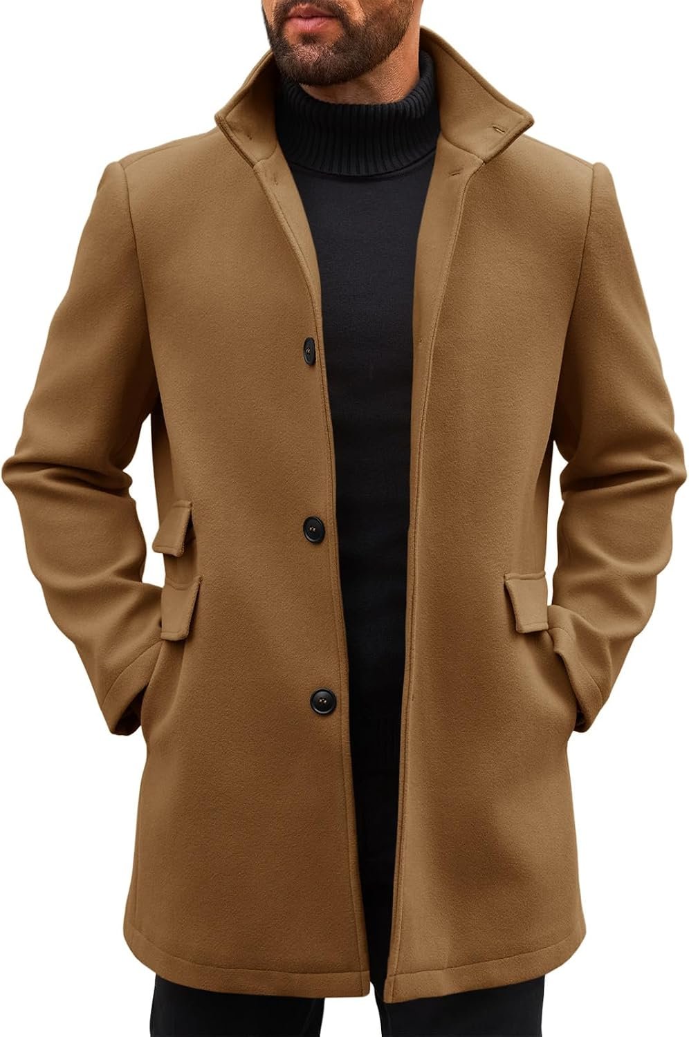 Mens Pea Coats Single Breasted Stand Collar Casual Slim Fit Trench Coat Mid Long Winter Overcoat with Pockets