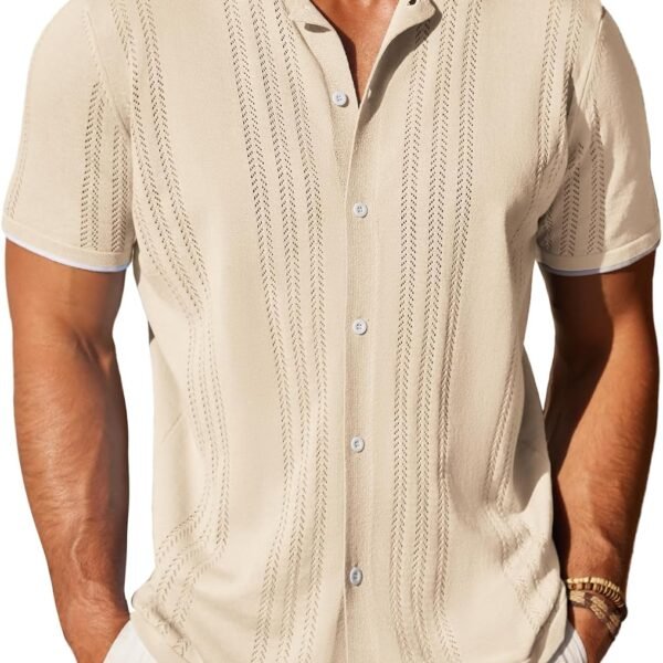 Men's Knit Button Down Shirt Vintage Short Sleeve Shirts Casual Beach Tops
