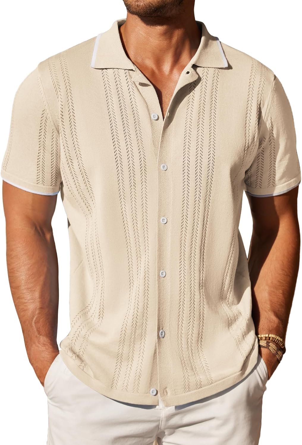 Men's Knit Button Down Shirt Vintage Short Sleeve Shirts Casual Beach Tops