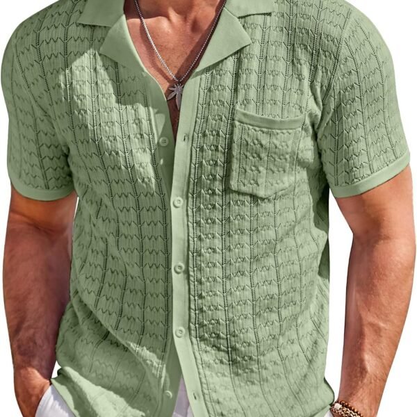 Men's Knit Button Down Shirt Short Sleeve Vintage Shirts Summer Casual Beach Tops