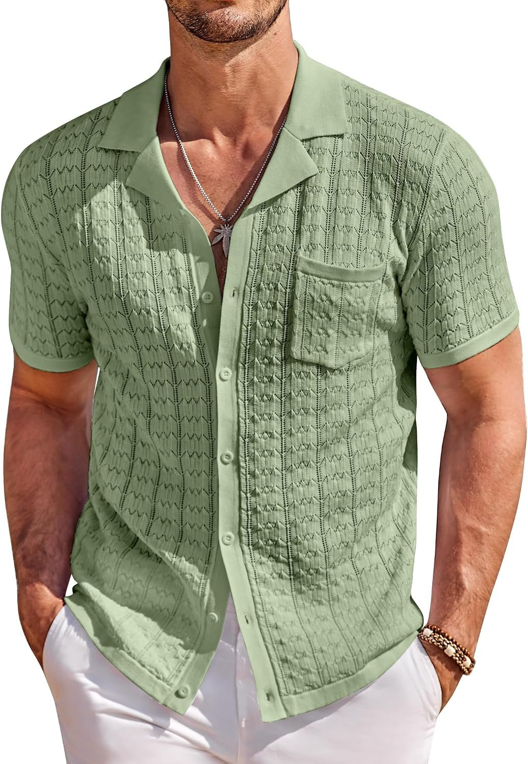 Men's Knit Button Down Shirt Short Sleeve Vintage Shirts Summer Casual Beach Tops