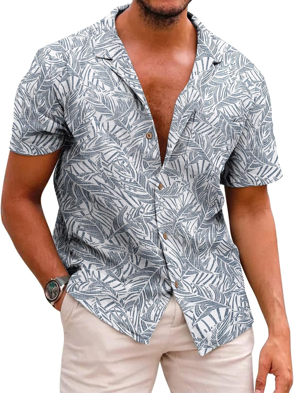 Mens Hawaiian Shirt Short Sleeve Buttoon Down Shirts Casual Tropical Floral Summer Linen Shirts