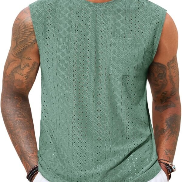 Mens Sleeveless Tank Tops Casual Hollow Out Knit T Shirts Beach Summer Hippie Tops with Pocket