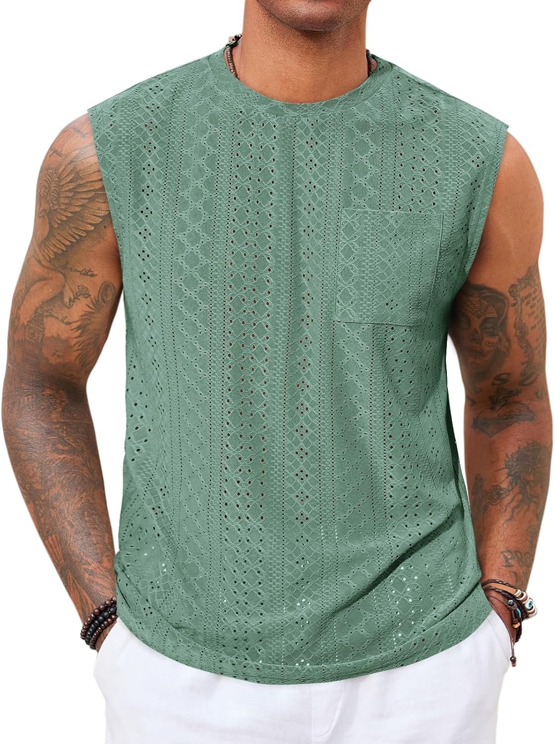 Mens Sleeveless Tank Tops Casual Hollow Out Knit T Shirts Beach Summer Hippie Tops with Pocket